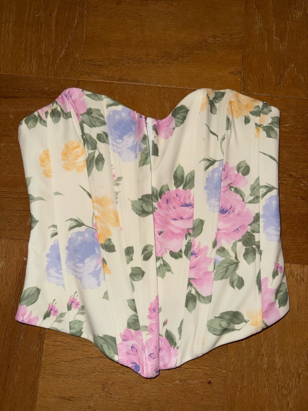 Zara Floral Strapless Corset Top in Cream, Pink & Green
